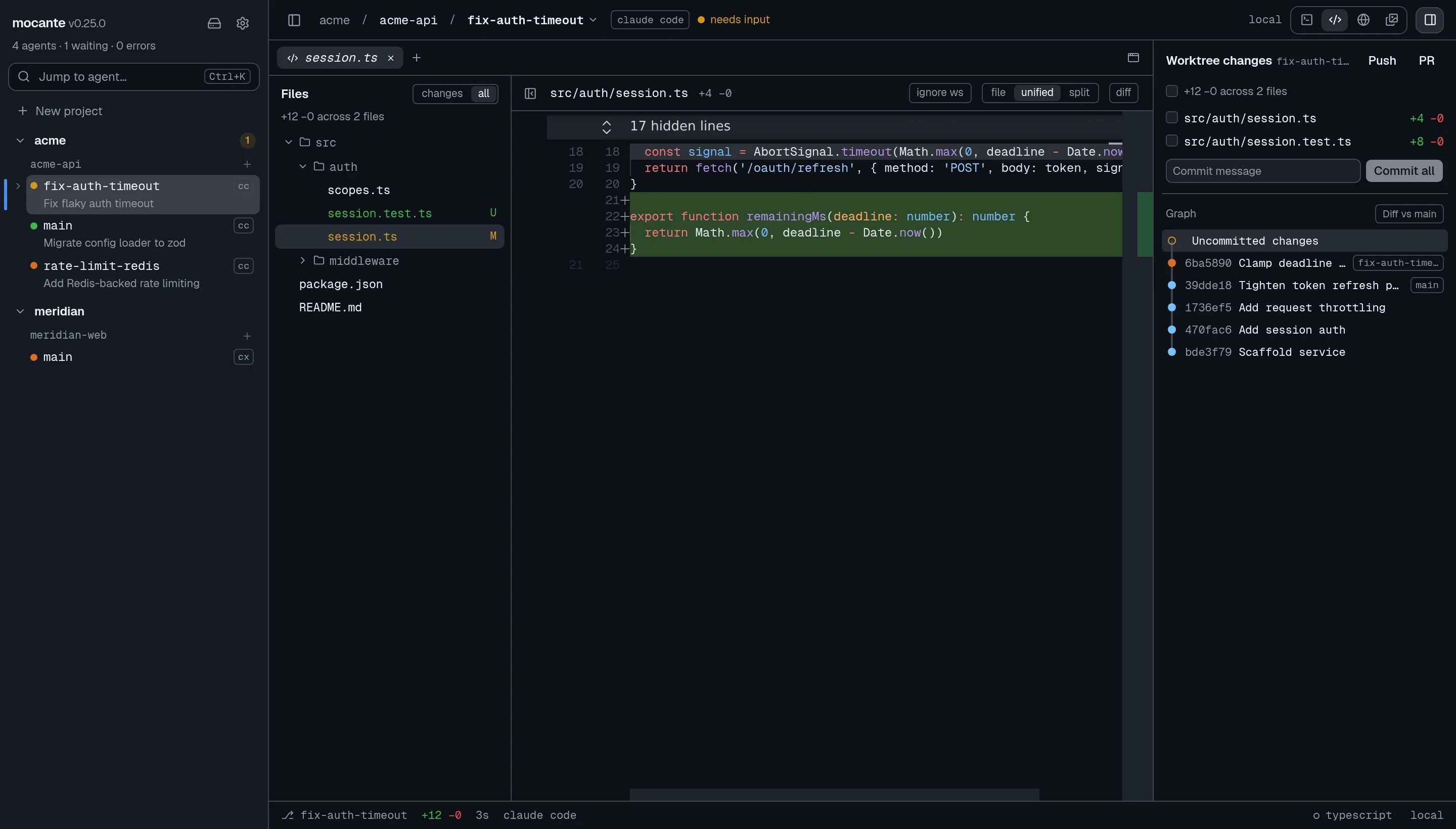 The code view showing a side-by-side diff with the changed files listed on the left