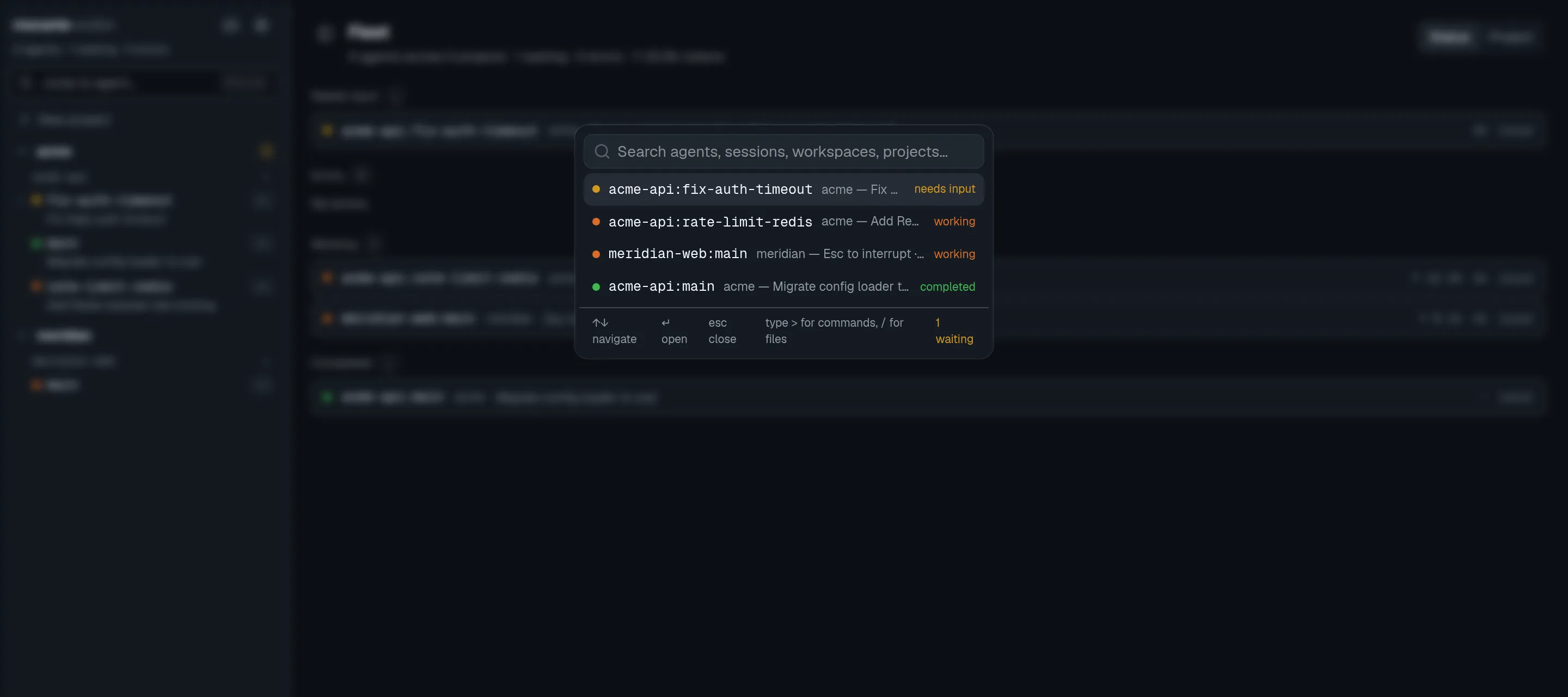 The command palette listing agents, waiting ones first