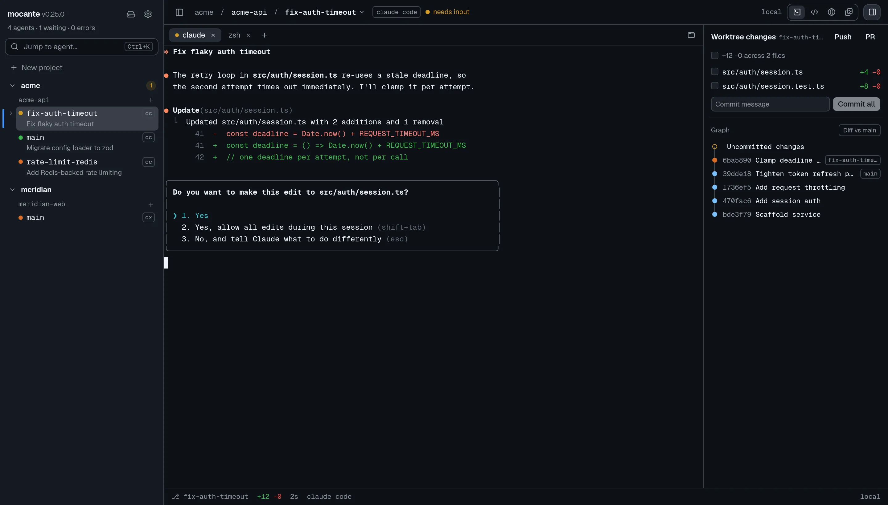 A session with the terminal on the left and the git panel on the right, listing changed files and the commit graph
